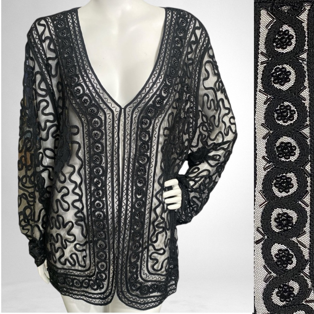 SOPHIE CHANG Black Lace Embellished Beads Elegant Cocktail Blazer Jacket Top XL